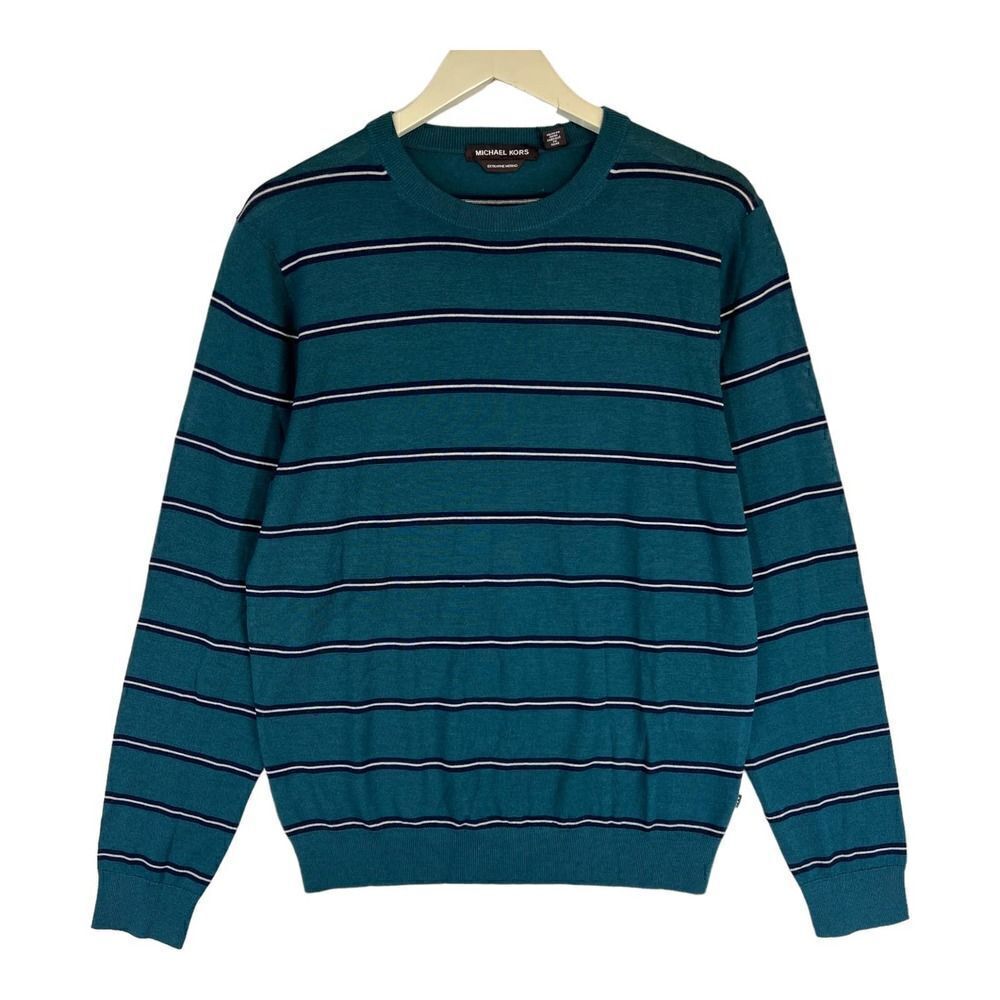 New Michael Kors Men US L Green Sweatshirt Striped Crew Neck Pullover  $128